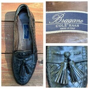 Vintage Bragano Cole Haan Tassel Loafers 11.5 Woven Leather Black Made in Italy